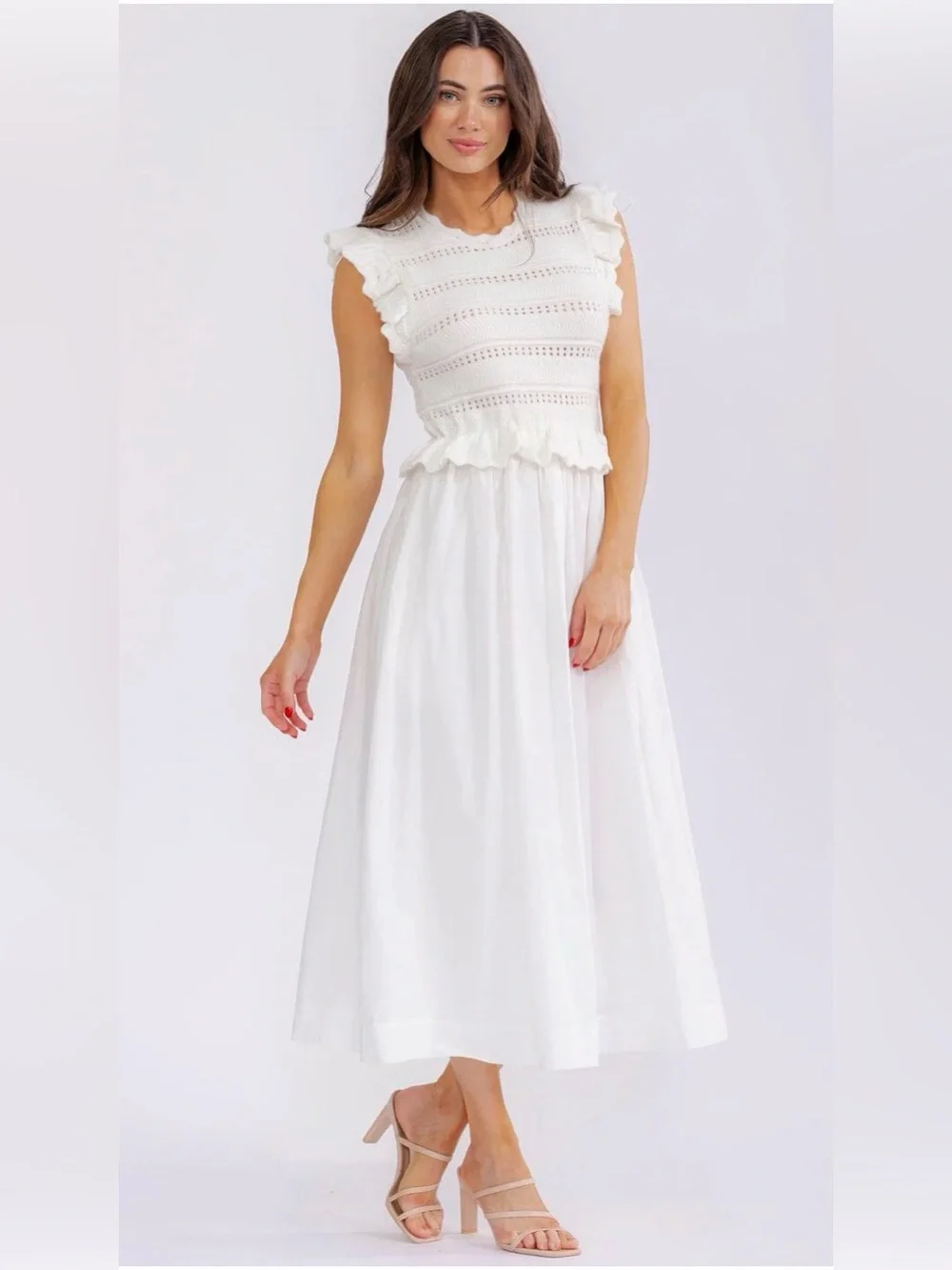A602. Mable White Ruffled Sweater Top Midi Dress - Picture 1 of 4